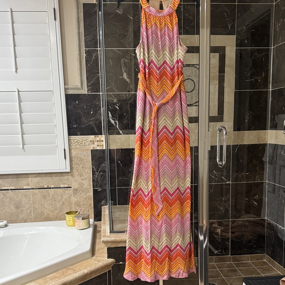 Trina Turk Pink, Orange & Cream Chevron Halter Maxi Dress
